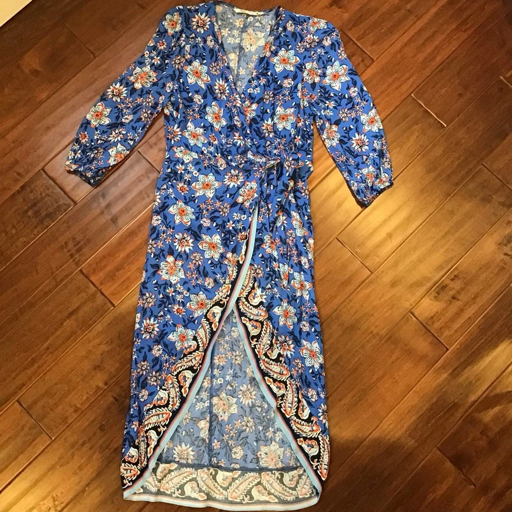 Zara Megane Floral Wrap Midi Dress Blue CottageCore Boho M NWOT - Picture 2 of 7